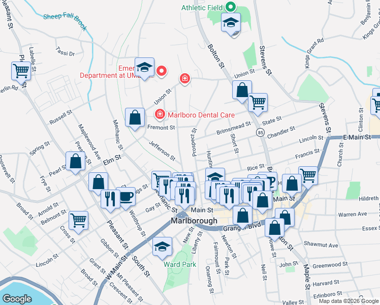 map of restaurants, bars, coffee shops, grocery stores, and more near 21 Highland Street in Marlborough