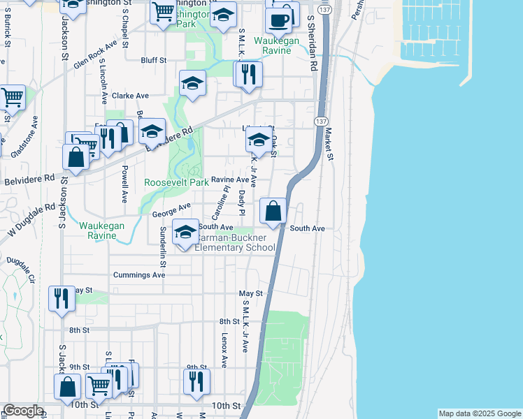 map of restaurants, bars, coffee shops, grocery stores, and more near 565 South Martin Luther King Junior Avenue in Waukegan