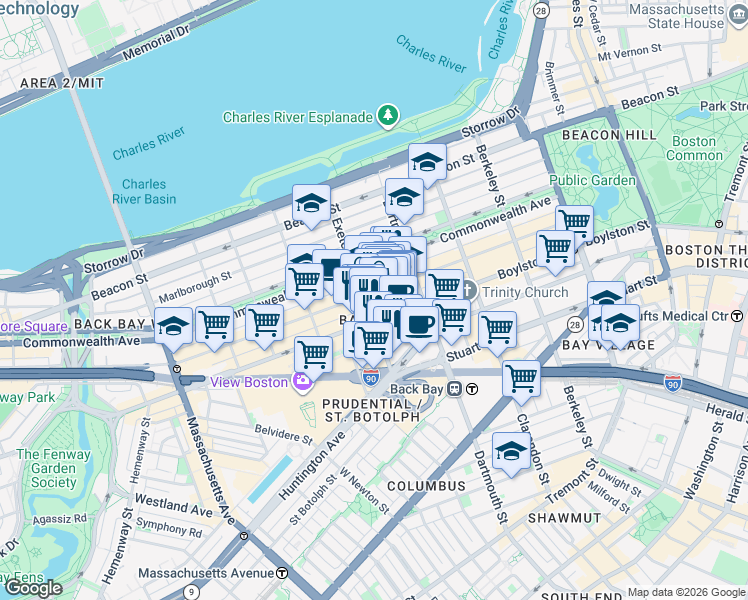 map of restaurants, bars, coffee shops, grocery stores, and more near 28 Exeter Street in Boston