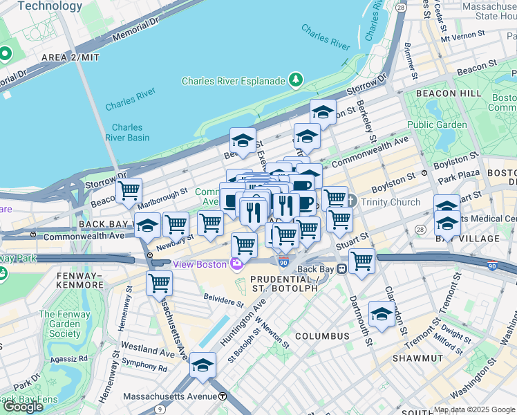 map of restaurants, bars, coffee shops, grocery stores, and more near 754 Boylston Street in Boston