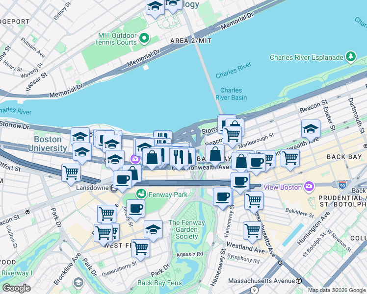 map of restaurants, bars, coffee shops, grocery stores, and more near 483 Commonwealth Avenue in Boston