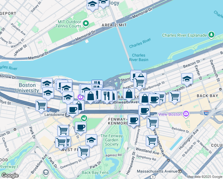 map of restaurants, bars, coffee shops, grocery stores, and more near 483 Commonwealth Avenue in Boston