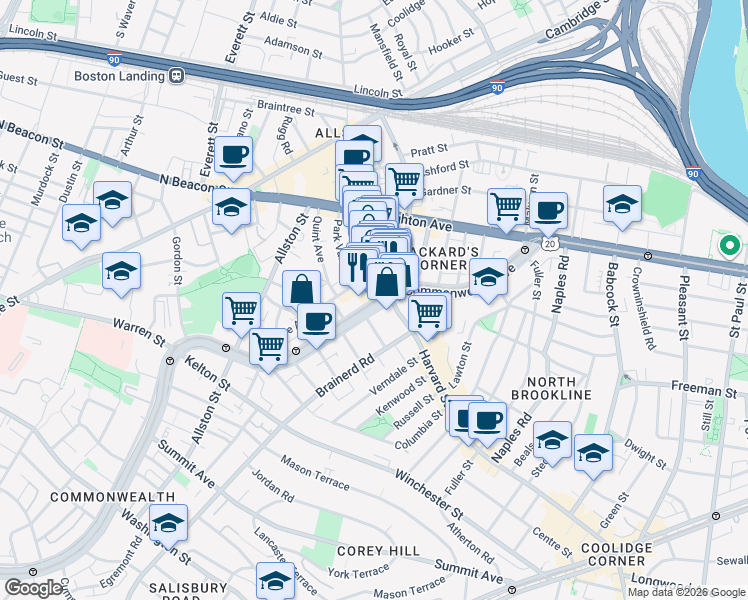 map of restaurants, bars, coffee shops, grocery stores, and more near 1254 Commonwealth Avenue in Boston