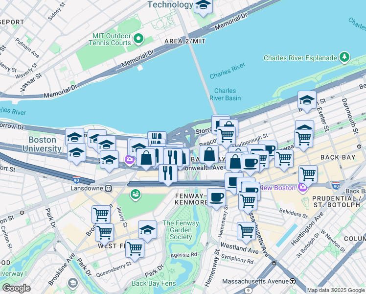 map of restaurants, bars, coffee shops, grocery stores, and more near 60 Charlesgate West in Boston
