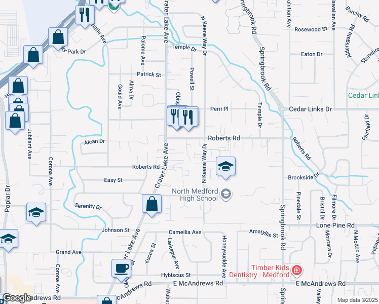 map of restaurants, bars, coffee shops, grocery stores, and more near 2145 North Keeneway Drive in Medford