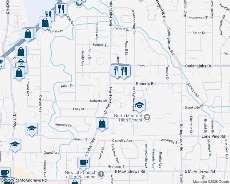 map of restaurants, bars, coffee shops, grocery stores, and more near 2008 Crater Lake Avenue in Medford