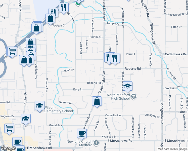 map of restaurants, bars, coffee shops, grocery stores, and more near 1917 Roberts Road in Medford