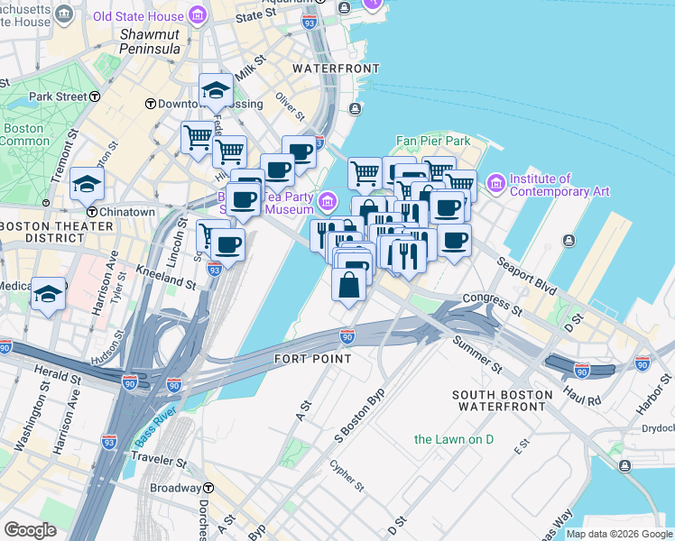 map of restaurants, bars, coffee shops, grocery stores, and more near 15 Necco Street in Boston
