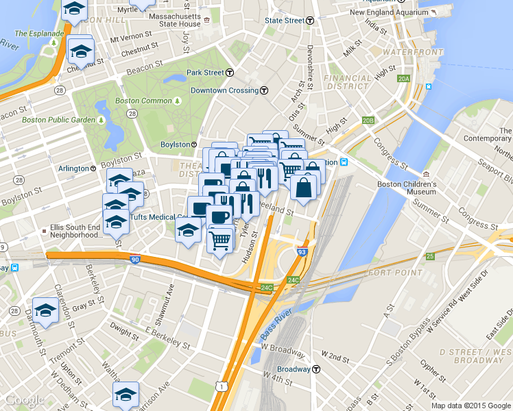 map of restaurants, bars, coffee shops, grocery stores, and more near 1 Hudson Street in Boston
