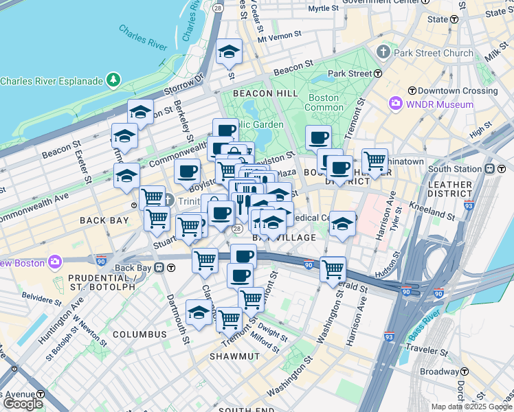 map of restaurants, bars, coffee shops, grocery stores, and more near in Boston