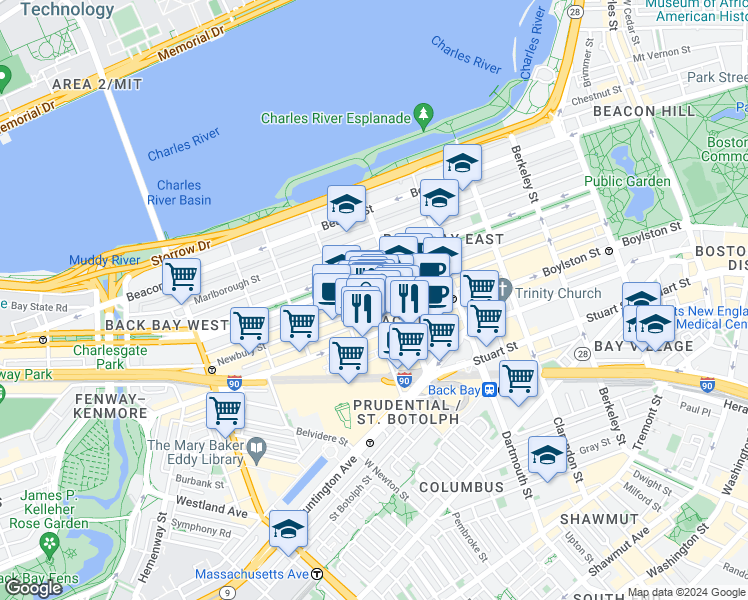 map of restaurants, bars, coffee shops, grocery stores, and more near 754 Boylston Street in Boston
