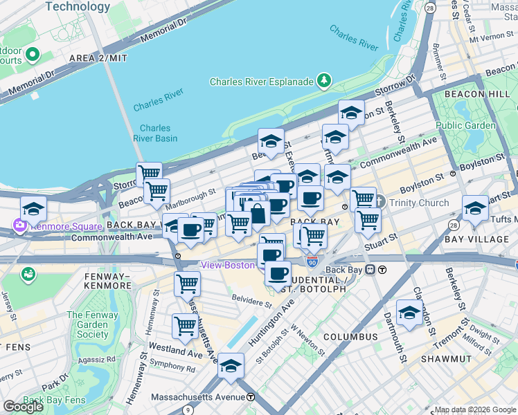 map of restaurants, bars, coffee shops, grocery stores, and more near in Boston