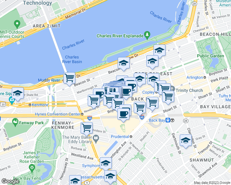 map of restaurants, bars, coffee shops, grocery stores, and more near 267 Newbury Street in Boston