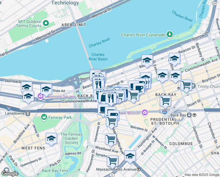 map of restaurants, bars, coffee shops, grocery stores, and more near 345 Commonwealth Avenue in Boston