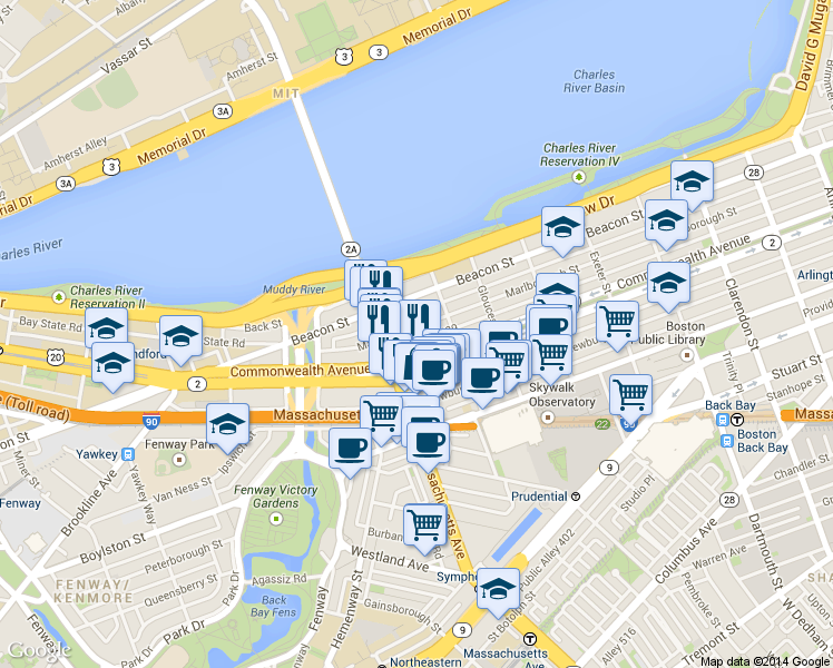 map of restaurants, bars, coffee shops, grocery stores, and more near 345 Commonwealth Avenue in Boston