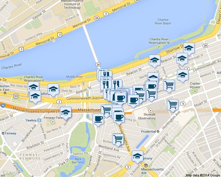 map of restaurants, bars, coffee shops, grocery stores, and more near 345 Commonwealth Avenue in Boston