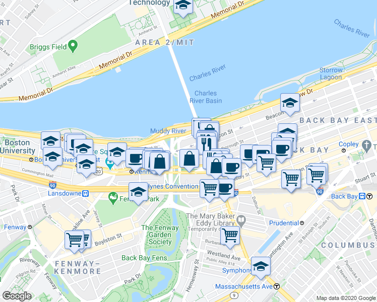 map of restaurants, bars, coffee shops, grocery stores, and more near 409 Commonwealth Avenue in Boston