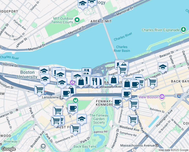 map of restaurants, bars, coffee shops, grocery stores, and more near 483 Commonwealth Avenue in Boston