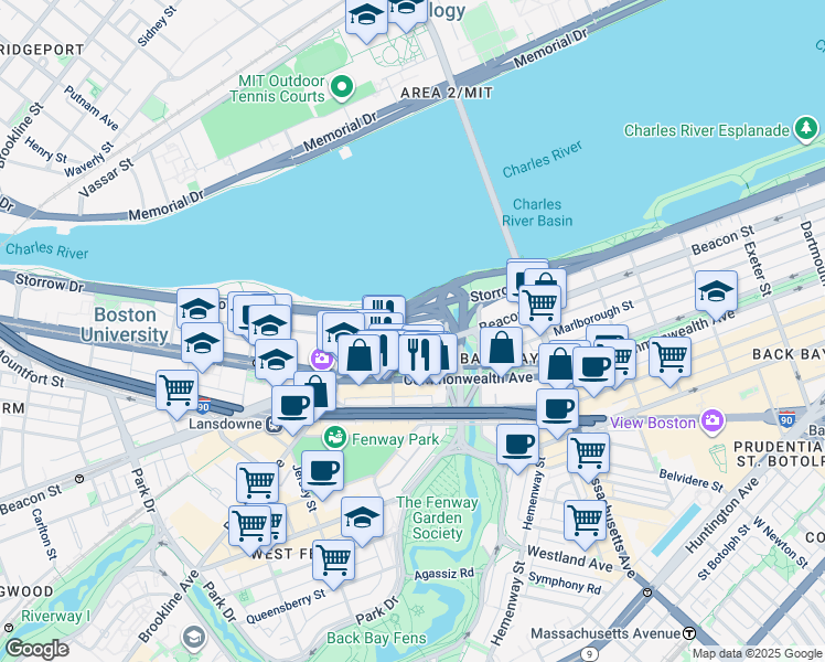 map of restaurants, bars, coffee shops, grocery stores, and more near 483 Commonwealth Avenue in Boston