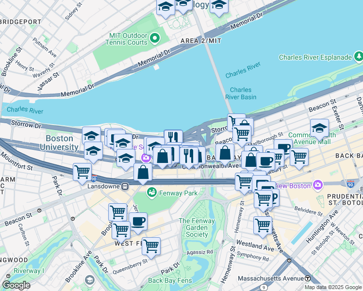 map of restaurants, bars, coffee shops, grocery stores, and more near 483 Commonwealth Avenue in Boston