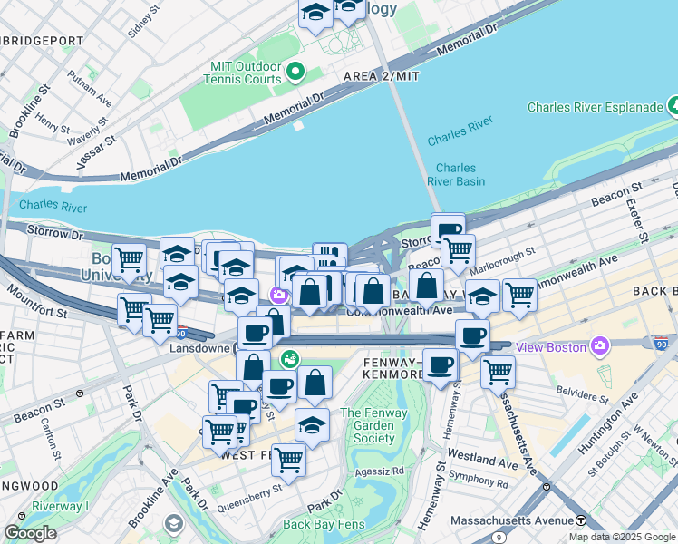 map of restaurants, bars, coffee shops, grocery stores, and more near in Boston