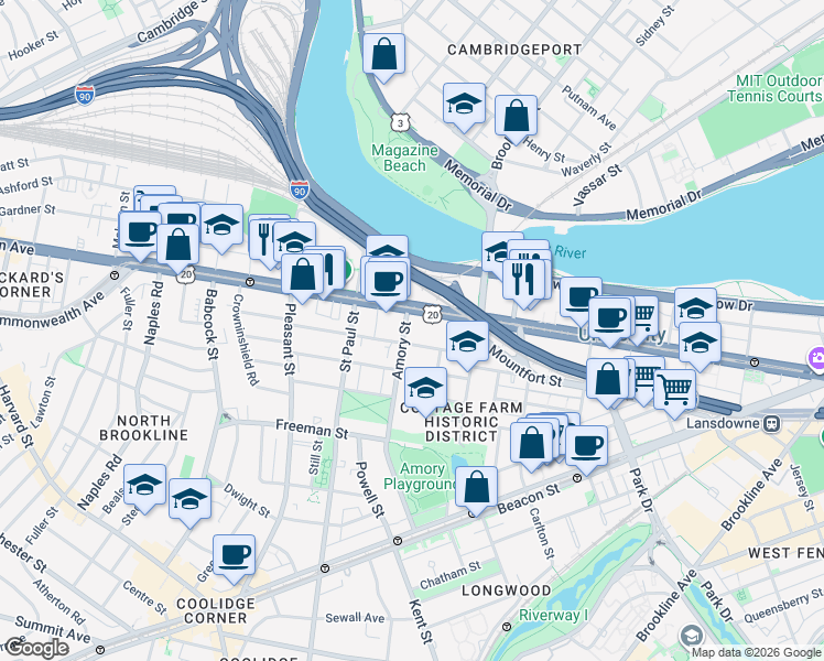 map of restaurants, bars, coffee shops, grocery stores, and more near 49 Worthington Road in Brookline