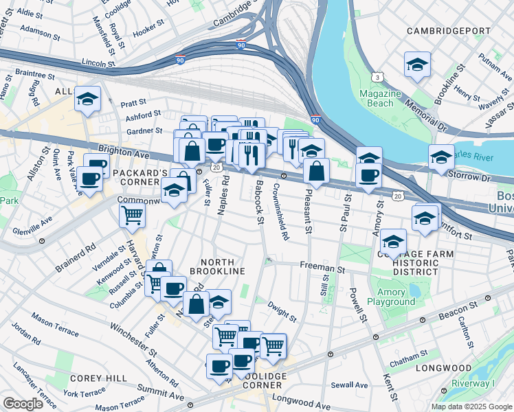 map of restaurants, bars, coffee shops, grocery stores, and more near 187 Babcock Street in Brookline