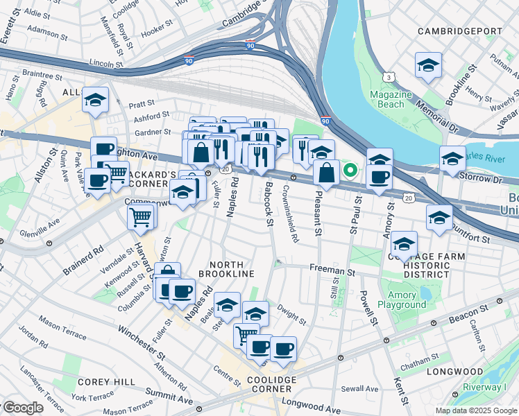 map of restaurants, bars, coffee shops, grocery stores, and more near 27 Osborne Road in Brookline