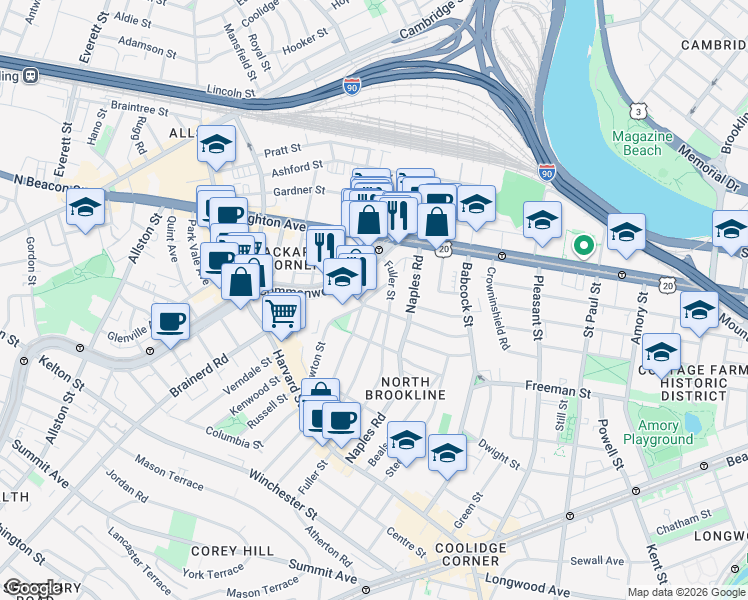 map of restaurants, bars, coffee shops, grocery stores, and more near 168 Coolidge Street in Brookline