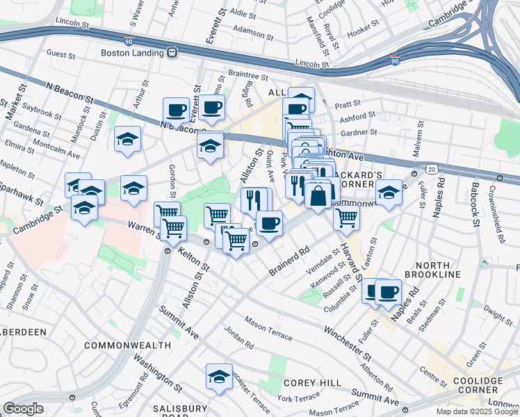 map of restaurants, bars, coffee shops, grocery stores, and more near 66 Glenville Avenue in Boston