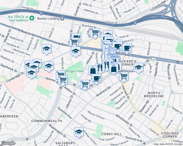 map of restaurants, bars, coffee shops, grocery stores, and more near 66 Glenville Avenue in Boston