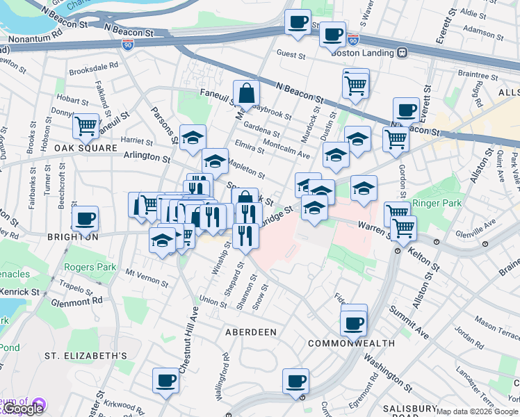 map of restaurants, bars, coffee shops, grocery stores, and more near 736 Cambridge Street in Boston