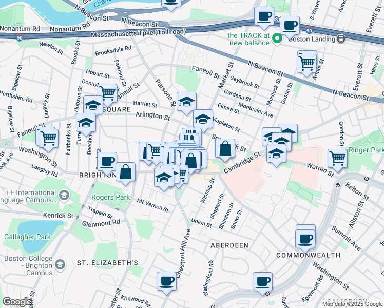 map of restaurants, bars, coffee shops, grocery stores, and more near 8 Waldo Terrace in Boston
