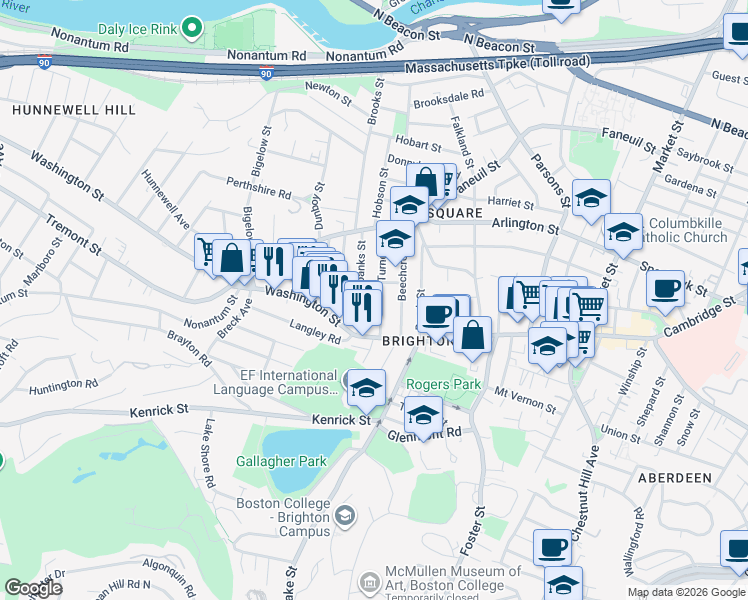 map of restaurants, bars, coffee shops, grocery stores, and more near 11 Fairbanks Street in Boston
