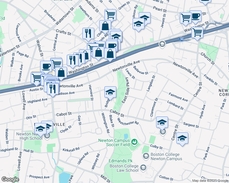 map of restaurants, bars, coffee shops, grocery stores, and more near 23 Parkview Avenue in Newton