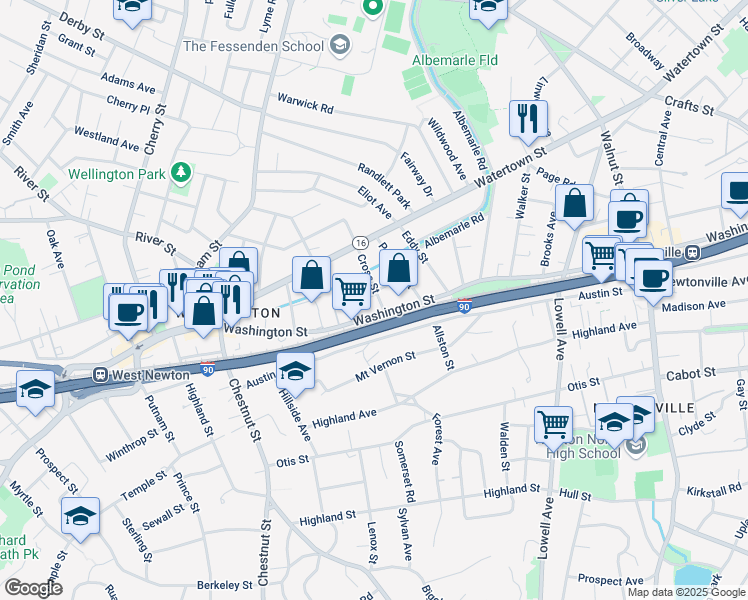 map of restaurants, bars, coffee shops, grocery stores, and more near in Newton