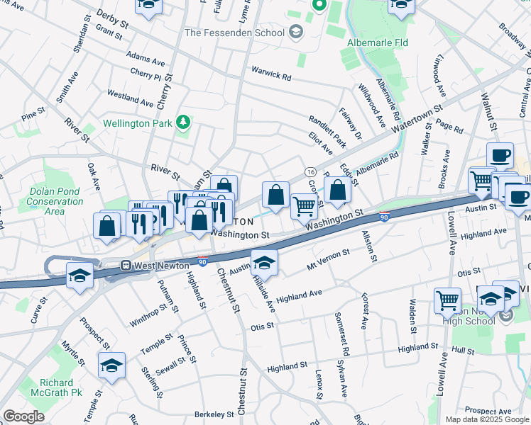 map of restaurants, bars, coffee shops, grocery stores, and more near 1171 Washington Street in Newton