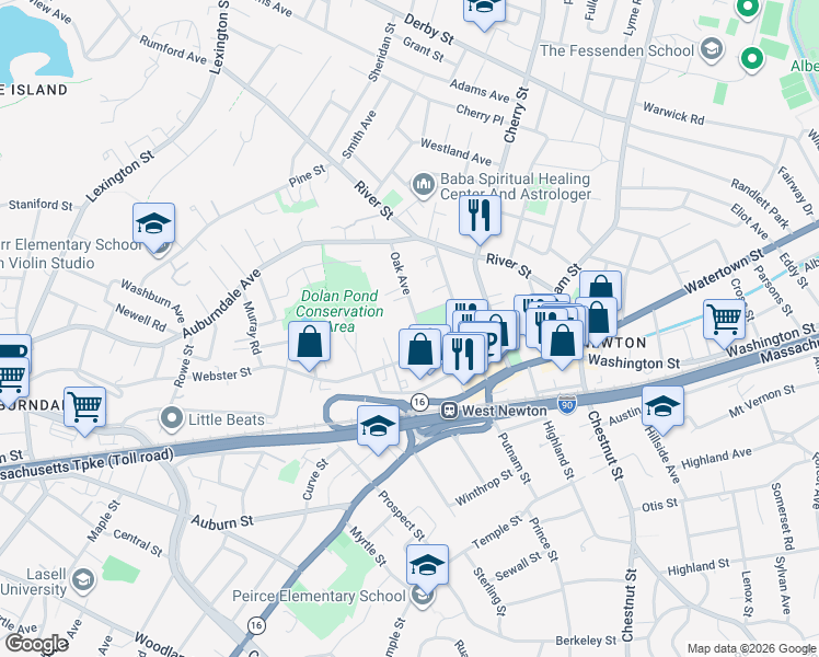 map of restaurants, bars, coffee shops, grocery stores, and more near 125 Webster Street in Newton