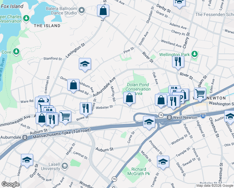 map of restaurants, bars, coffee shops, grocery stores, and more near 57 Murray Road in Newton