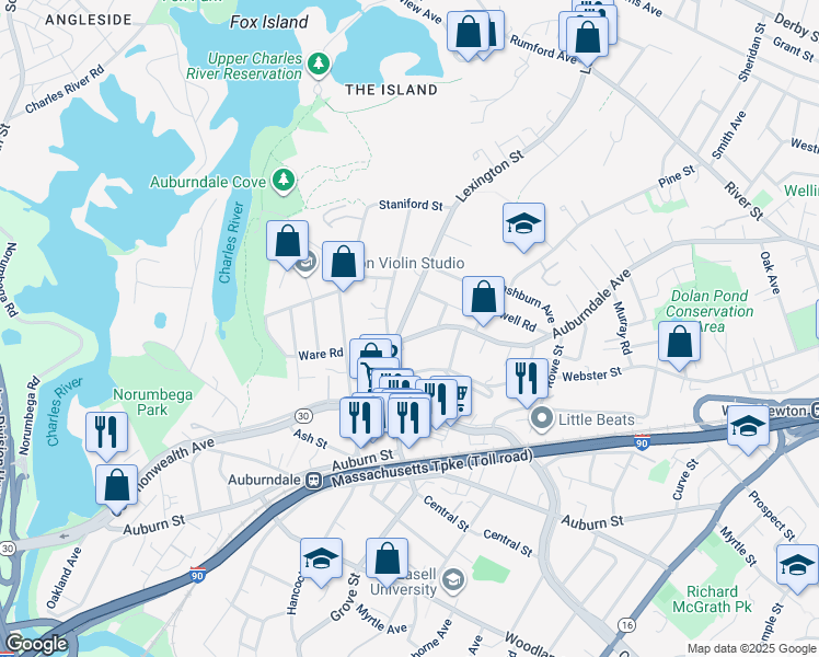 map of restaurants, bars, coffee shops, grocery stores, and more near in Newton