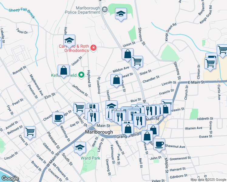 map of restaurants, bars, coffee shops, grocery stores, and more near 204 Lincoln Street in Marlborough