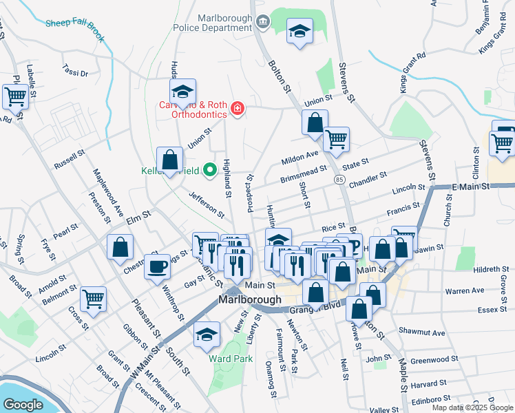 map of restaurants, bars, coffee shops, grocery stores, and more near 237 Lincoln Street in Marlborough