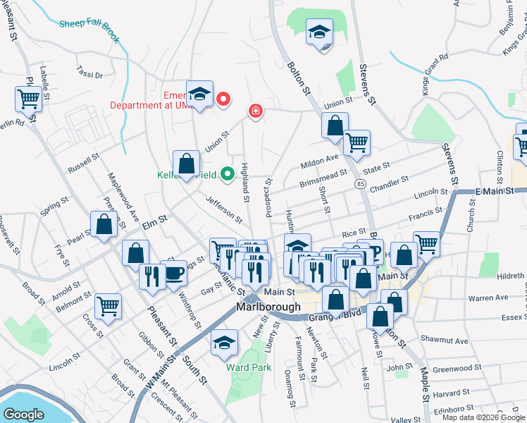 map of restaurants, bars, coffee shops, grocery stores, and more near 21 Highland Street in Marlborough
