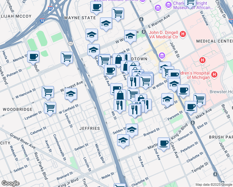 map of restaurants, bars, coffee shops, grocery stores, and more near 4255 3rd Avenue in Detroit