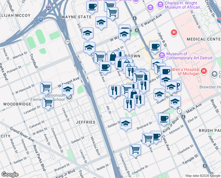 map of restaurants, bars, coffee shops, grocery stores, and more near 4255 3rd Avenue in Detroit
