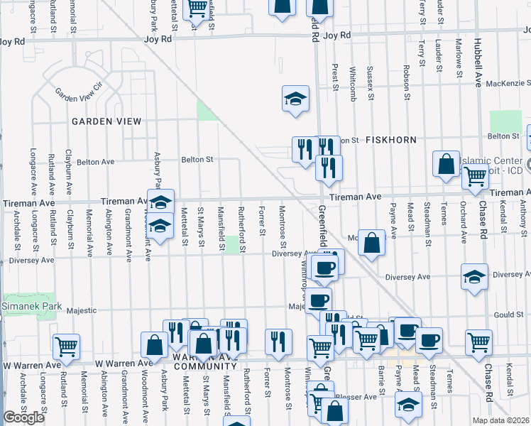 map of restaurants, bars, coffee shops, grocery stores, and more near 7775 Forrer Street in Detroit