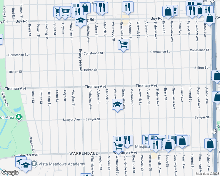 map of restaurants, bars, coffee shops, grocery stores, and more near 7783 Minock Street in Detroit