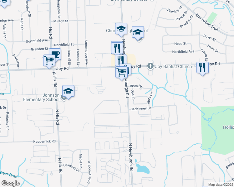 map of restaurants, bars, coffee shops, grocery stores, and more near 37715 Scotsdale Circle in Westland