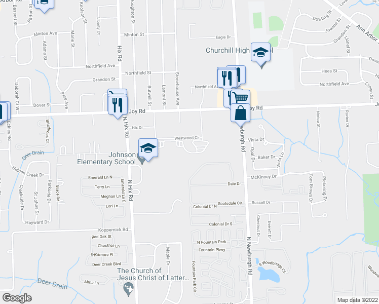 map of restaurants, bars, coffee shops, grocery stores, and more near 37725 Lakewood Circle in Westland