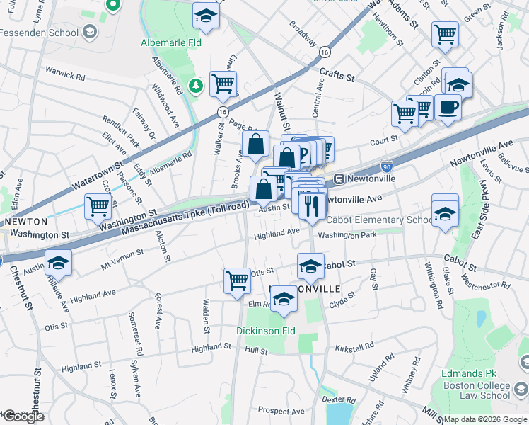map of restaurants, bars, coffee shops, grocery stores, and more near 60 Austin Street in Newton